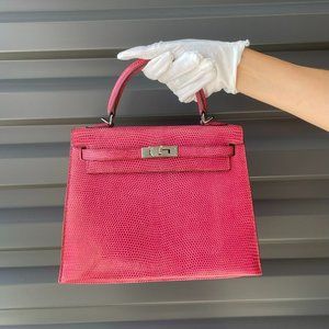 HERMES Vintage Kelly 25 Sellier Lizard "Fuchsia" Pink w/ Ruthenium Hardware